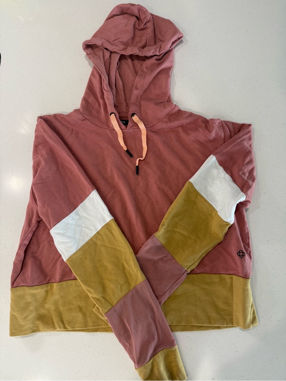 Satva Dusty Rose Colorblock Hooded Sweatshirt with Mustard and White Panels